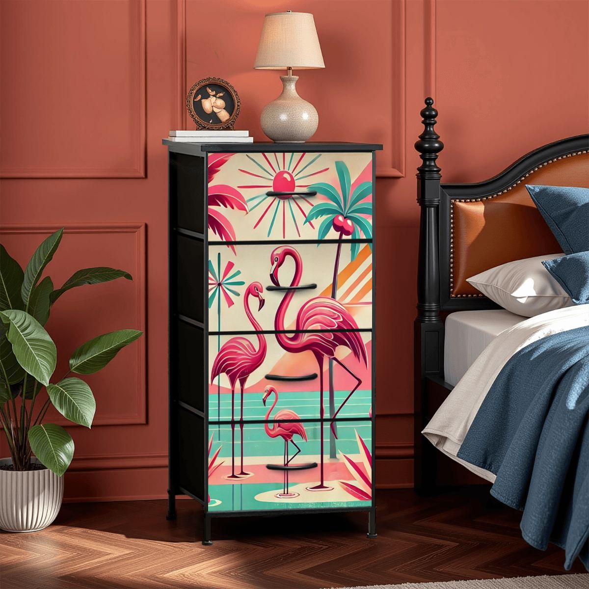 1950s Mid Century Modern Flamingo Art, Kitschy Pink, Teal, MCM 4-Drawer  Dresser