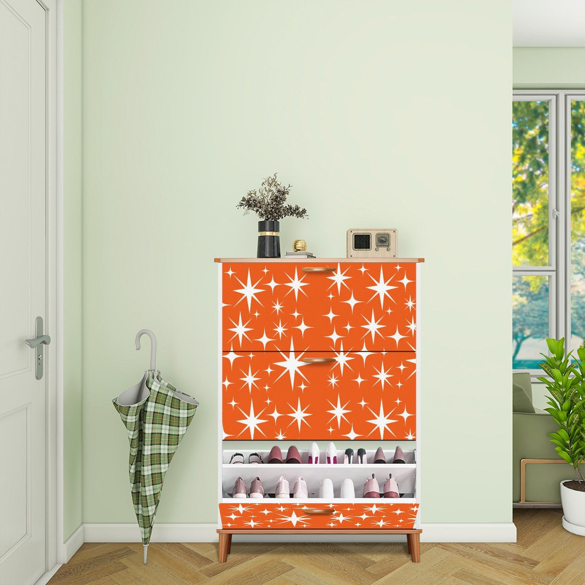 Atomic Starbursts Mid Century Modern Orange Retro Shoe Cabinet - Mid Century Modern Gal