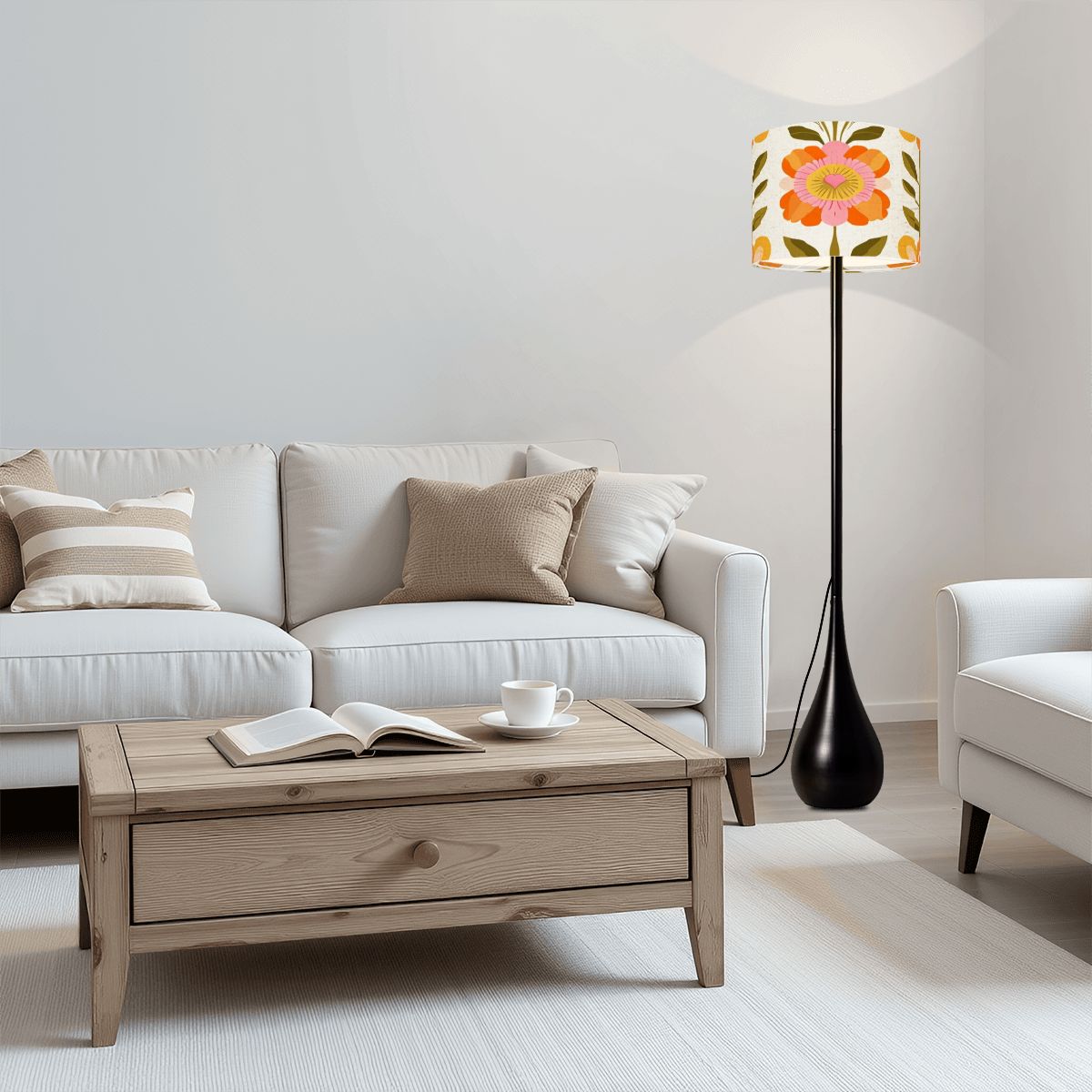 Mid Century Modern Scandinavian Orange Green Floral Teardrop Shaped Floor Lamp - Mid Century Modern Gal