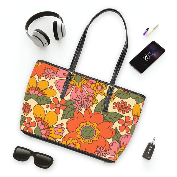 70's Vintage Flower Power Pattern, Groovy Orange, Yellow Green Floral Retro Leather Shoulder Bag