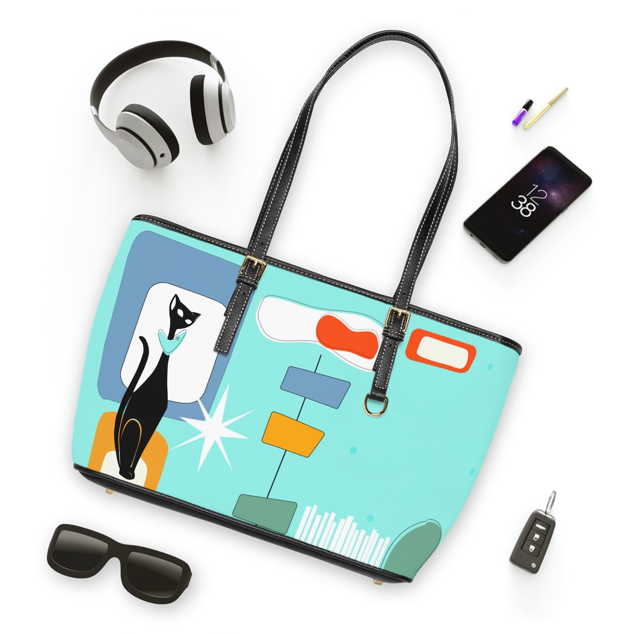 Atomic Cat, Aqua Blue, Mid Century Modern Funky Fun, Retro Shoulder Bag Bags 16" x 10" / Black