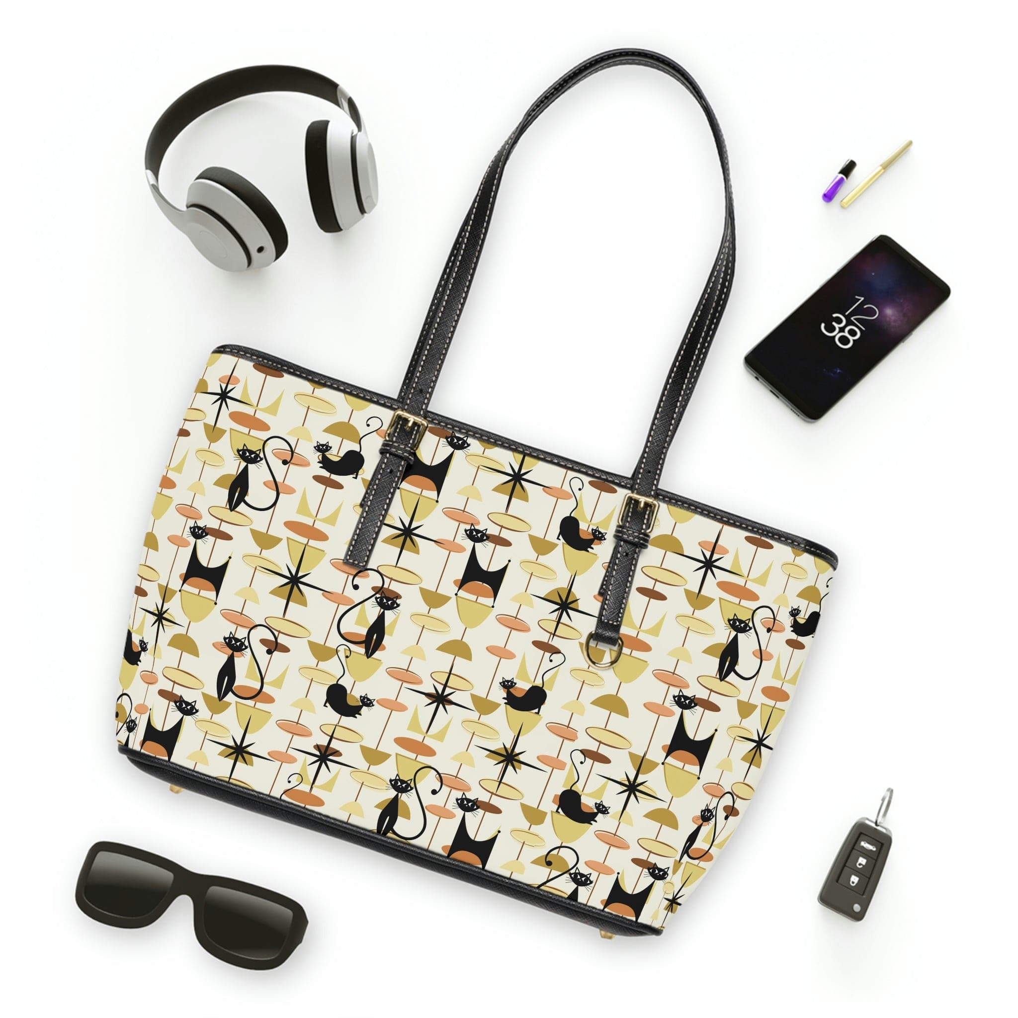 Atomic Cat, Mid Century Modern Retro Fun, Funky Shoulder Bag Bags 16" x 10" / Black