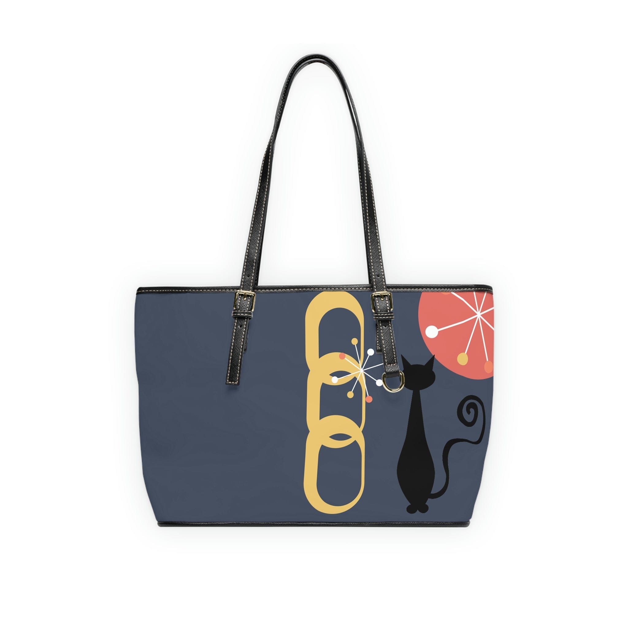 Atomic Cat, Midnight Blue, Mid Century Modern Style Leather Shoulder Bag Bags 16" x 10" / Black