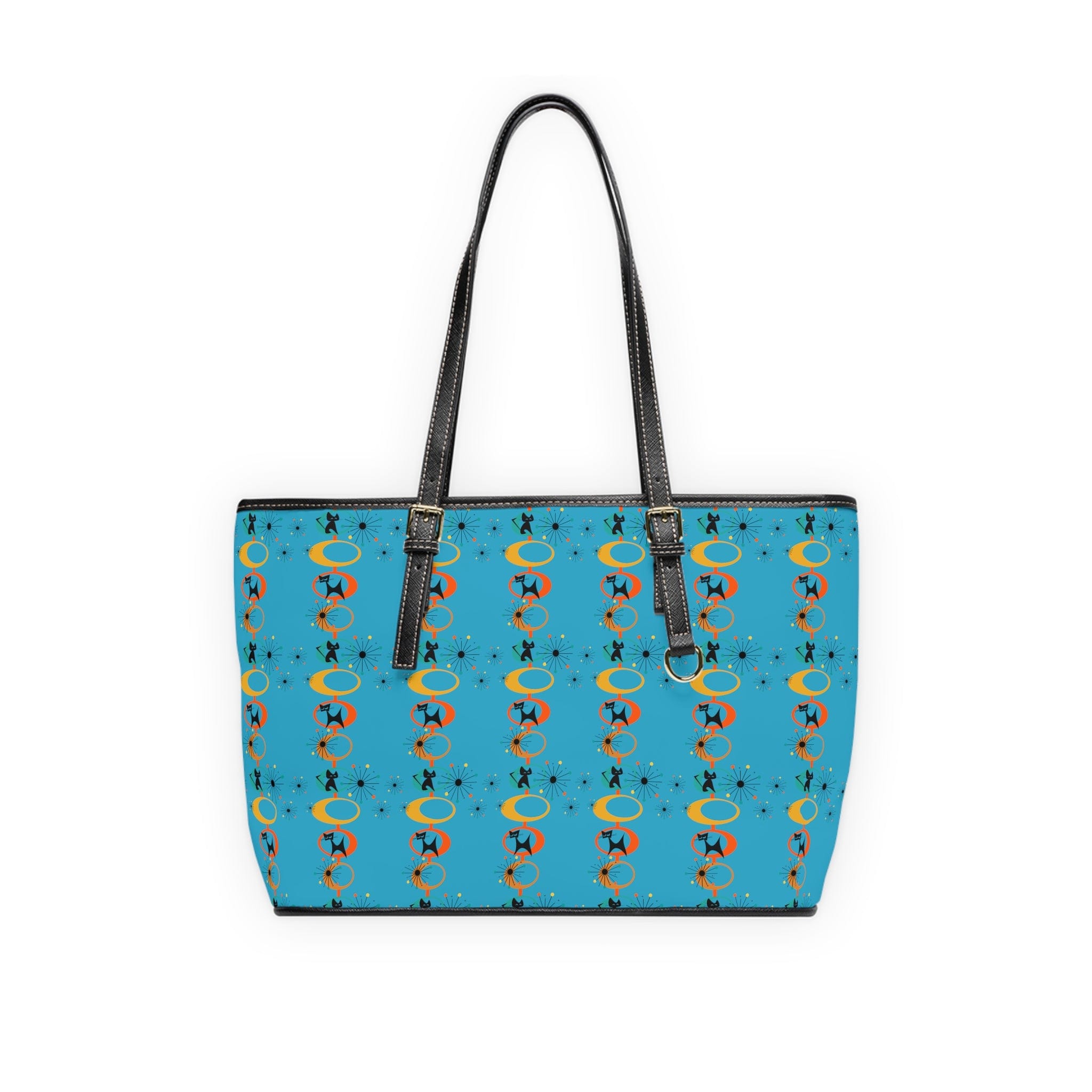 Atomic Space Cat, Turquoise Blue, Mid Mod Retro Shoulder Bag Bags 16" x 10" / Black