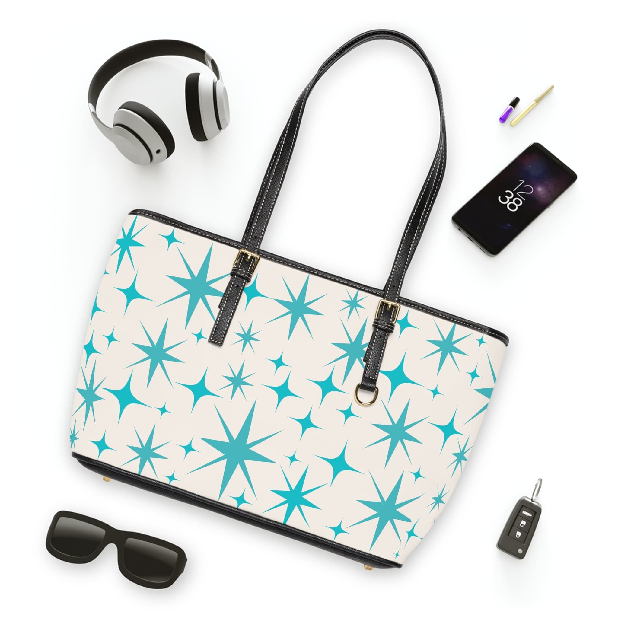 Atomic Starbust, Mid Mod Retro Creamy Vanilla, Aqua Blue Shoulder Bag Bags 16" x 10" / Black