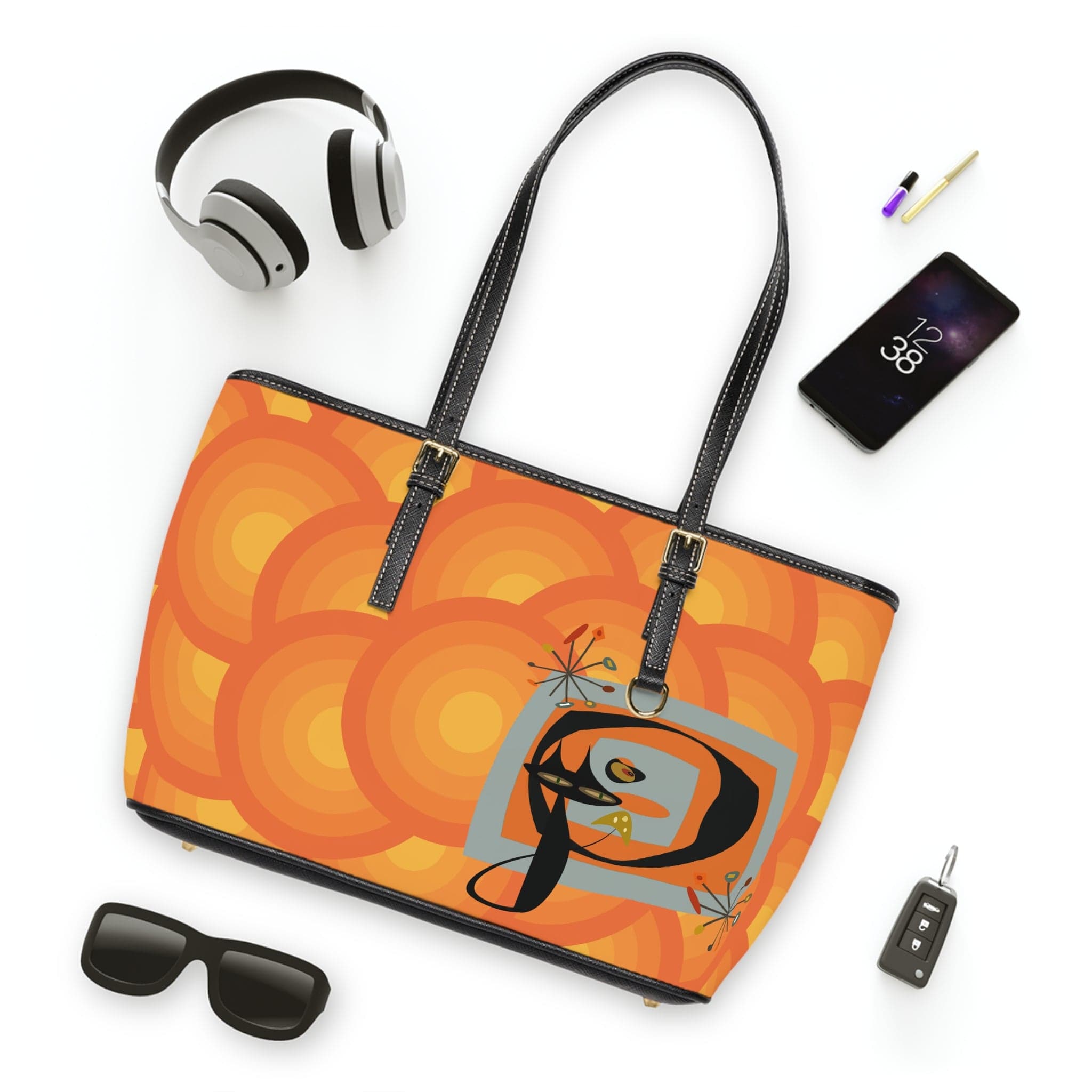 Groovy Atomic Cat, Orange, Retro, Shoulder Bag Bags 16" x 10" / Black