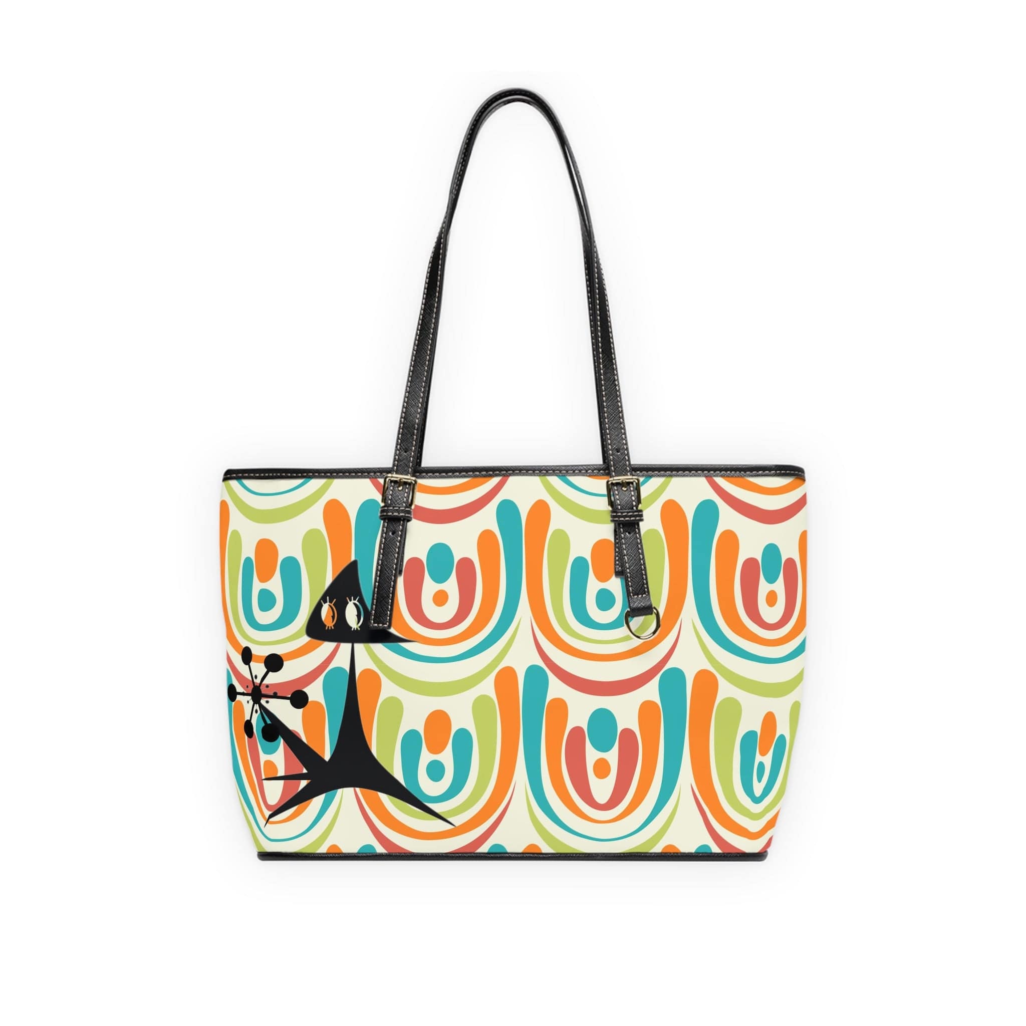 Groovy Cat, I Love You, Retro Mid Mod Leather Shoulder Bag Bags 16" x 10" / Black