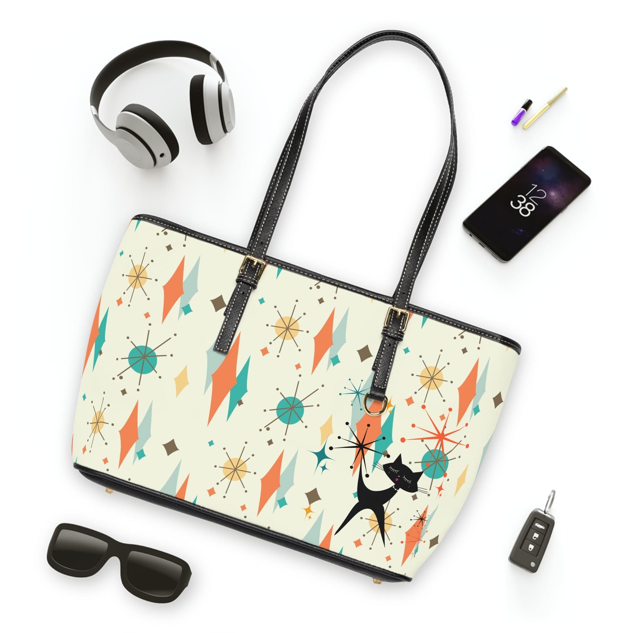 Mid Century Atomic Franciscan Pattern, Atomic Cat, Retro Mod Shoulder Bag Bags 16" x 10" / Black