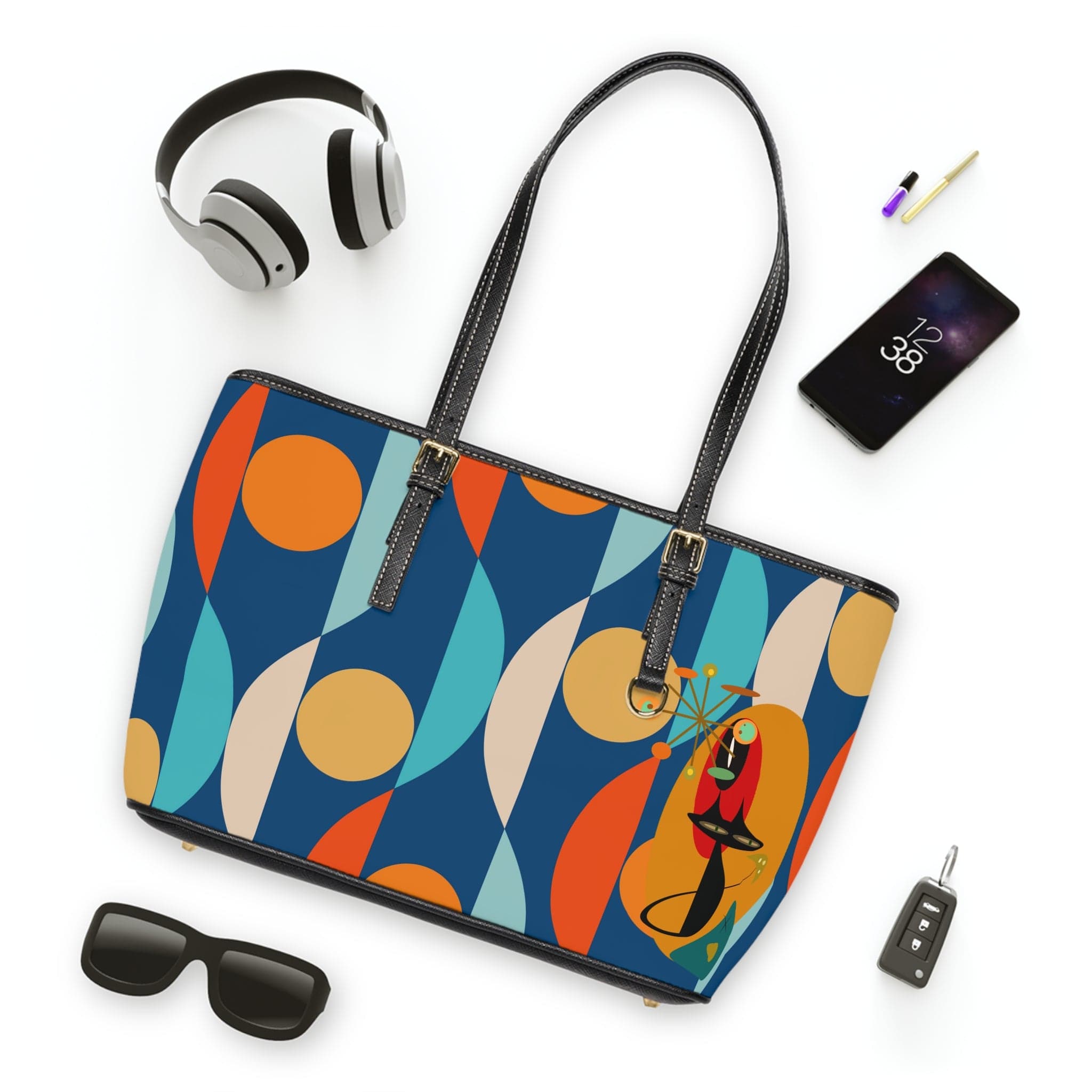 Mid Century Mod, Atomic Cat, Retro Blue, Groovy Fun Shoulder Bag Bags 16" x 10" / Black