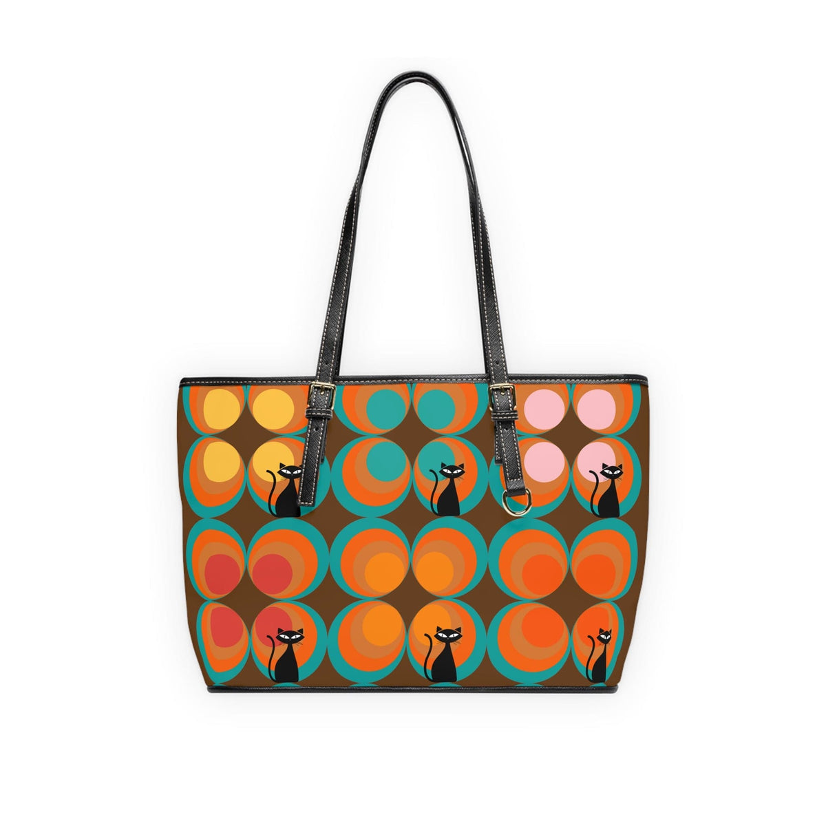 Mid Century Modern, Brown, Groovy Peacock Eye, Atomic Kitties, Fun Shoulder Bag Bags 16" x 10" / Black