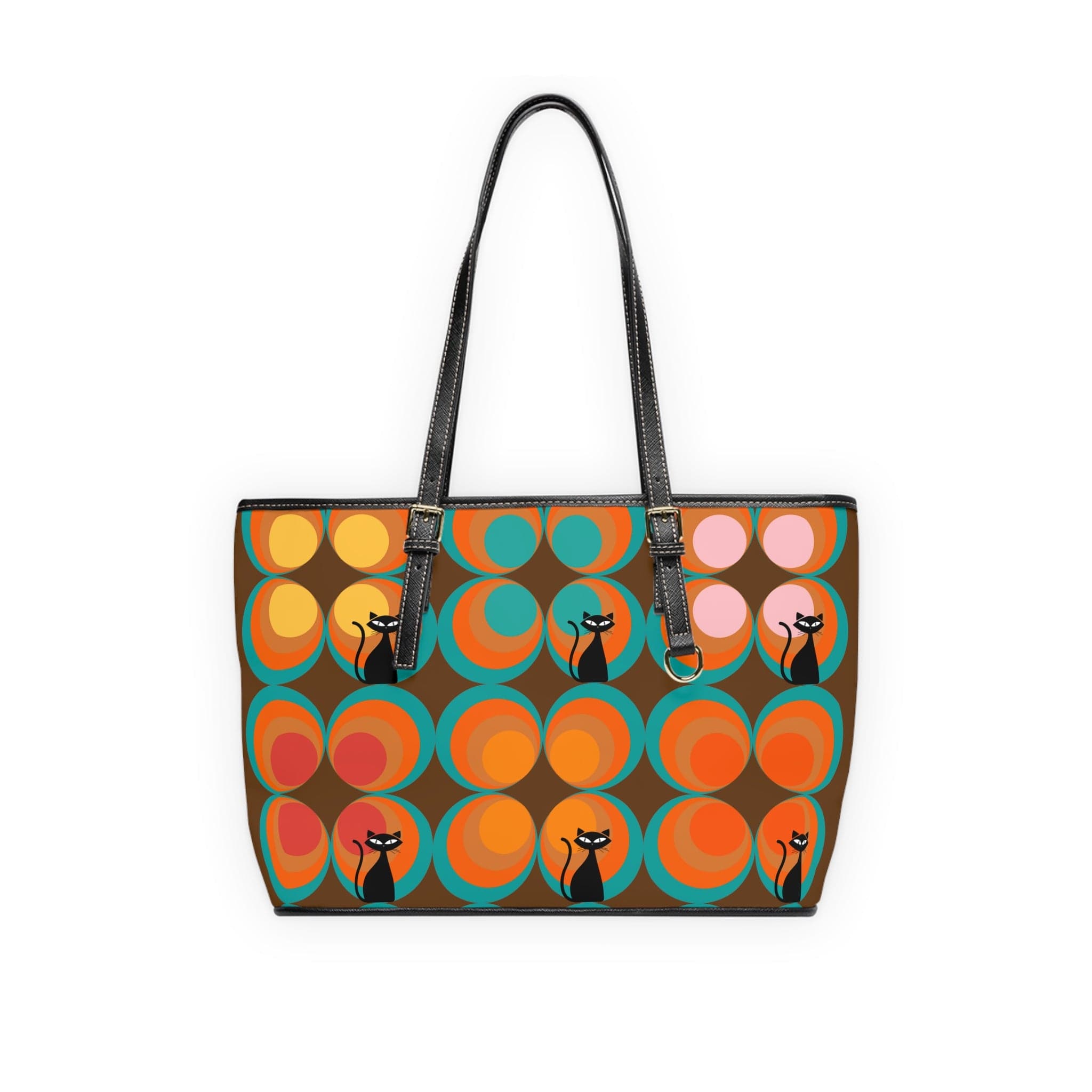 Mid Century Modern, Brown, Groovy Peacock Eye, Atomic Kitties, Fun Shoulder Bag Bags 16" x 10" / Black