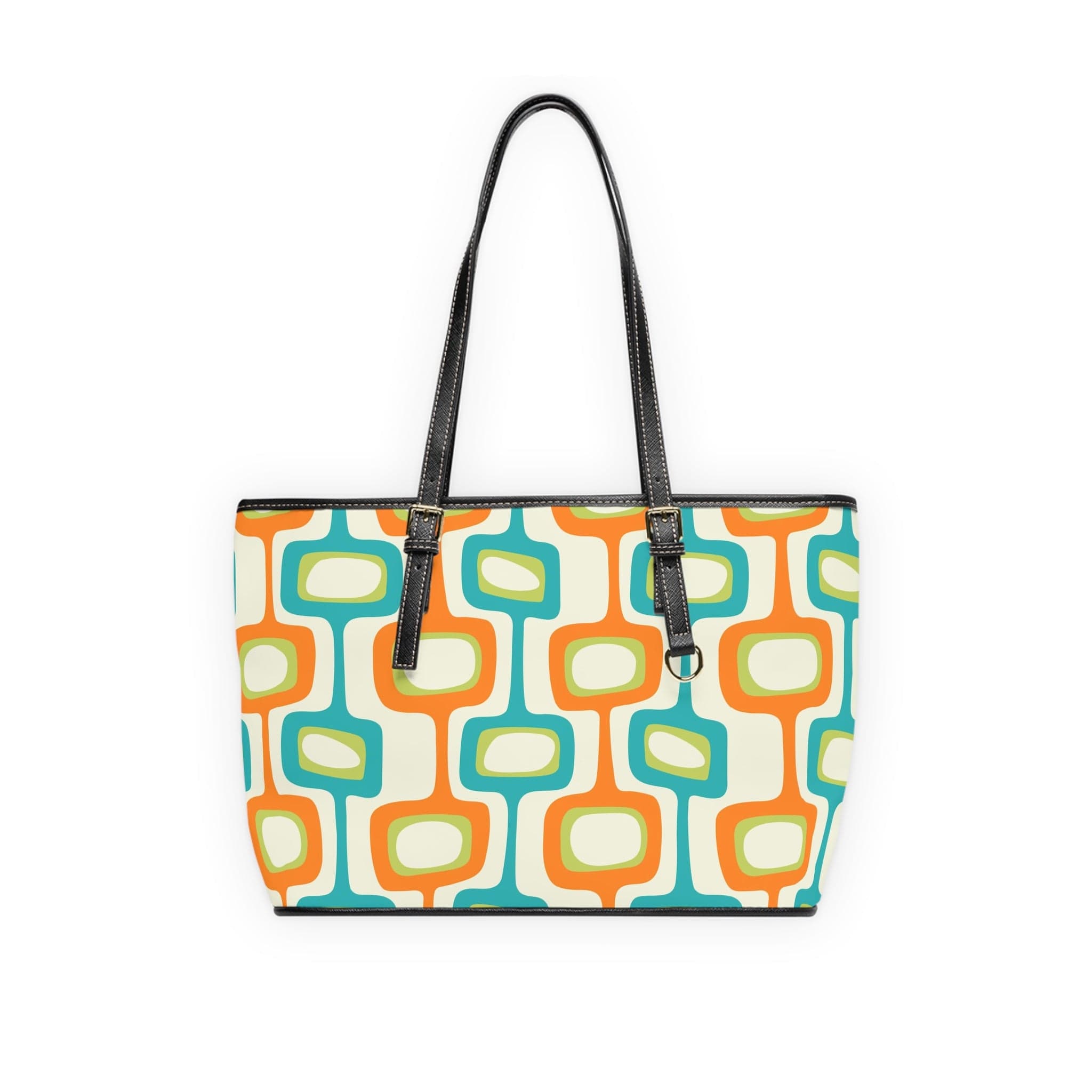 Mid Century Modern Funky Reversable, Flower Power, Retro Green, Orange, Aqua Funky Fun Shoulder Bag Bags 16" x 10" / Black