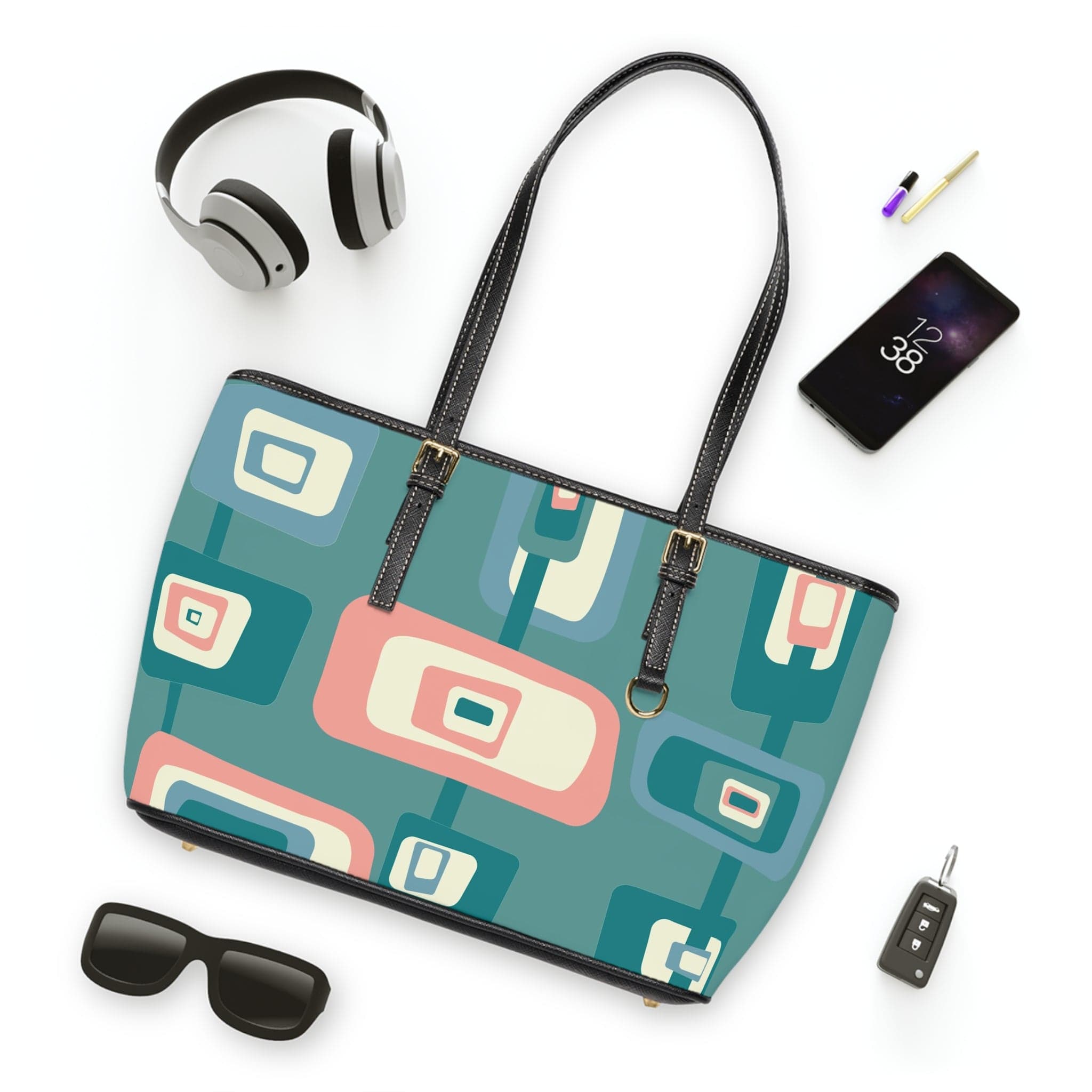 Mid Mod Aqua Blue, Pink, Geometric Groovy Retro Shoulder Bag Bags 16" x 10" / Black