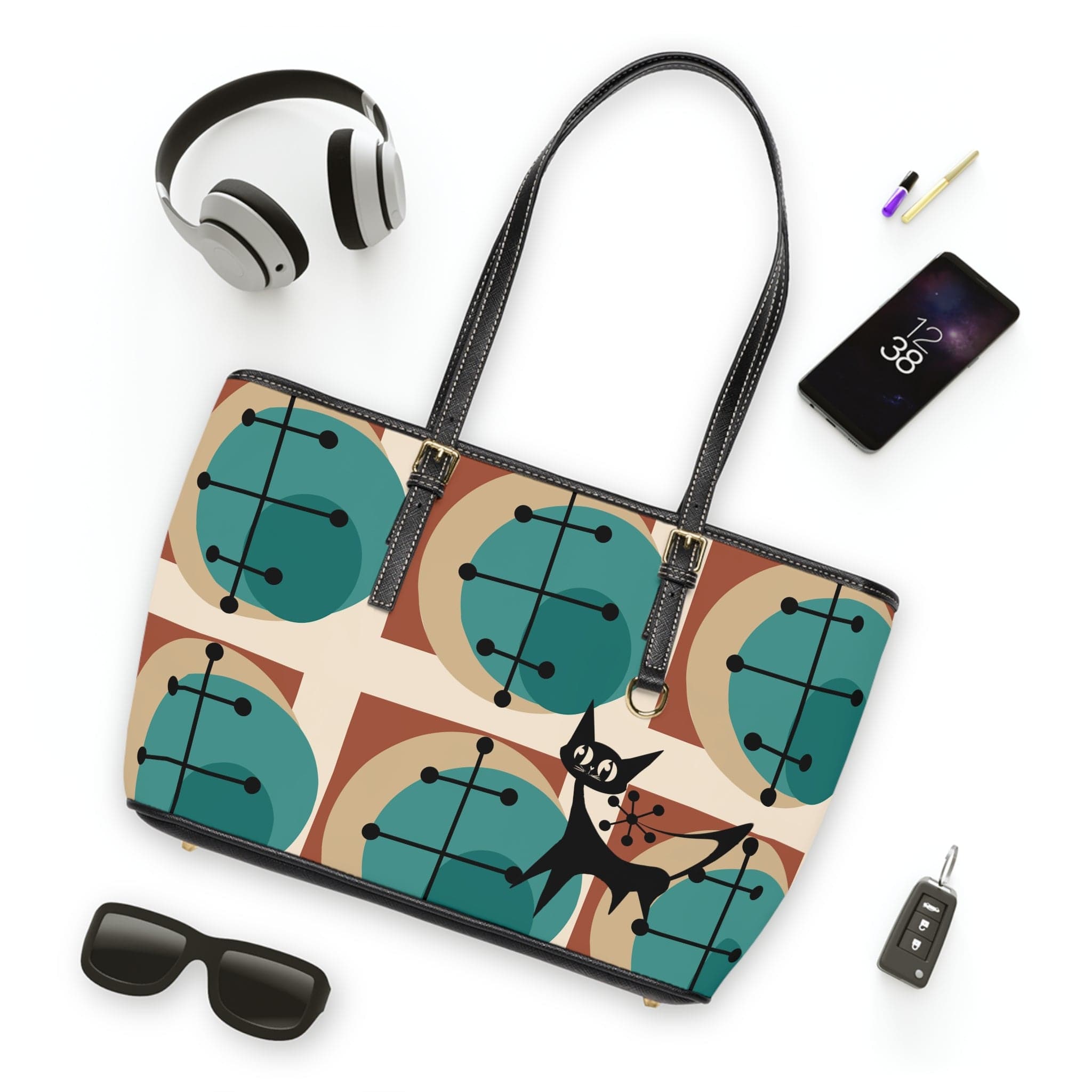 Mid Mod Atomic Kitschy Cat, Geometric Brown, Teal, MCM Shoulder Bag Bags 16" x 10" / Black