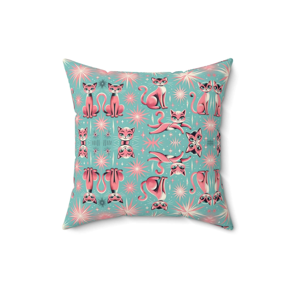 1950's Pink Kitty Cats, Quirky Kitschy Aqua Blue, Pink, MCM Pillow And Cover Home Decor 16" × 16"