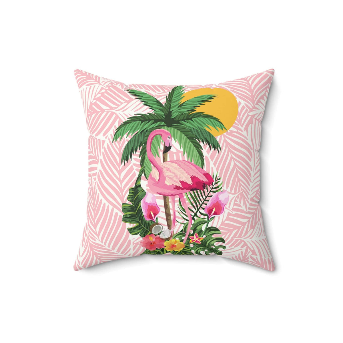 50's Pink Flamingo, Retro Summer Tropical Pink, White, Mid Century Modern Square Pillow Home Decor 16" × 16"