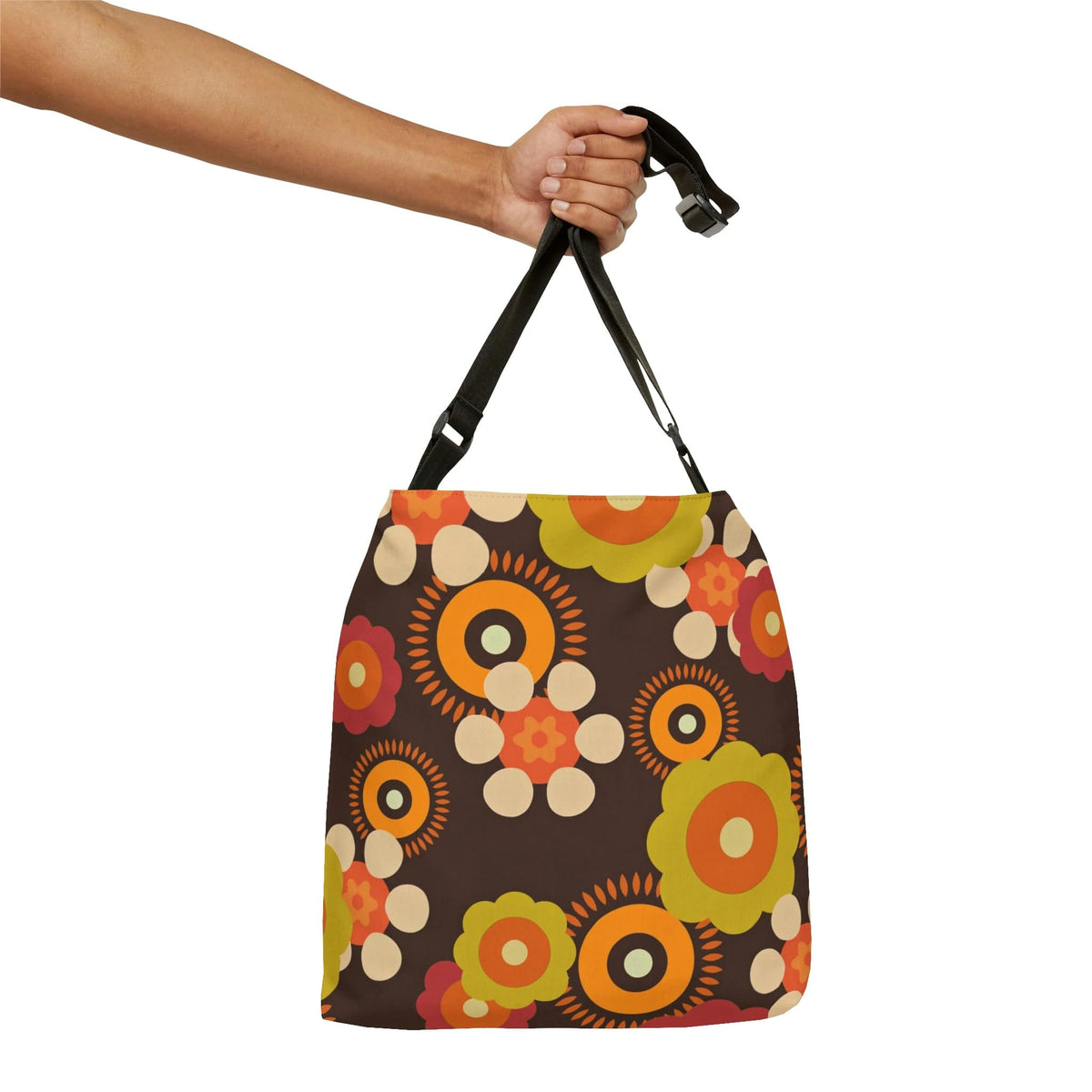 70's Hippie Mod Daisy, Chocolate Brown, Retro Adjustable Tote Bag Bags 16" × 16''