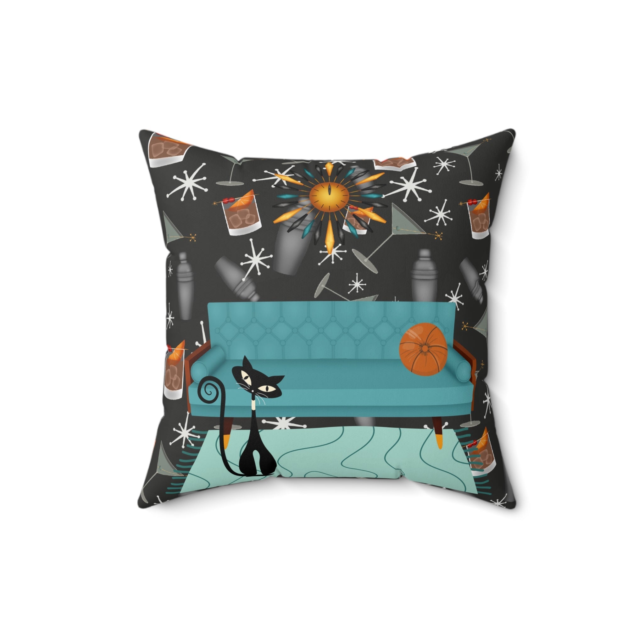 Atomic Cat And Cocktails Mid Century Modern Kitschy 50s Style Pillow And Insert Home Decor 16" × 16"