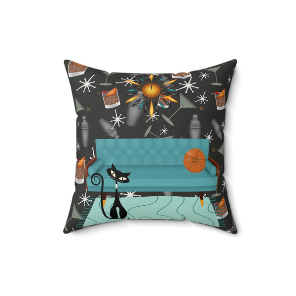 Atomic Cat And Cocktails Mid Century Modern Kitschy 50s Style Pillow And Insert