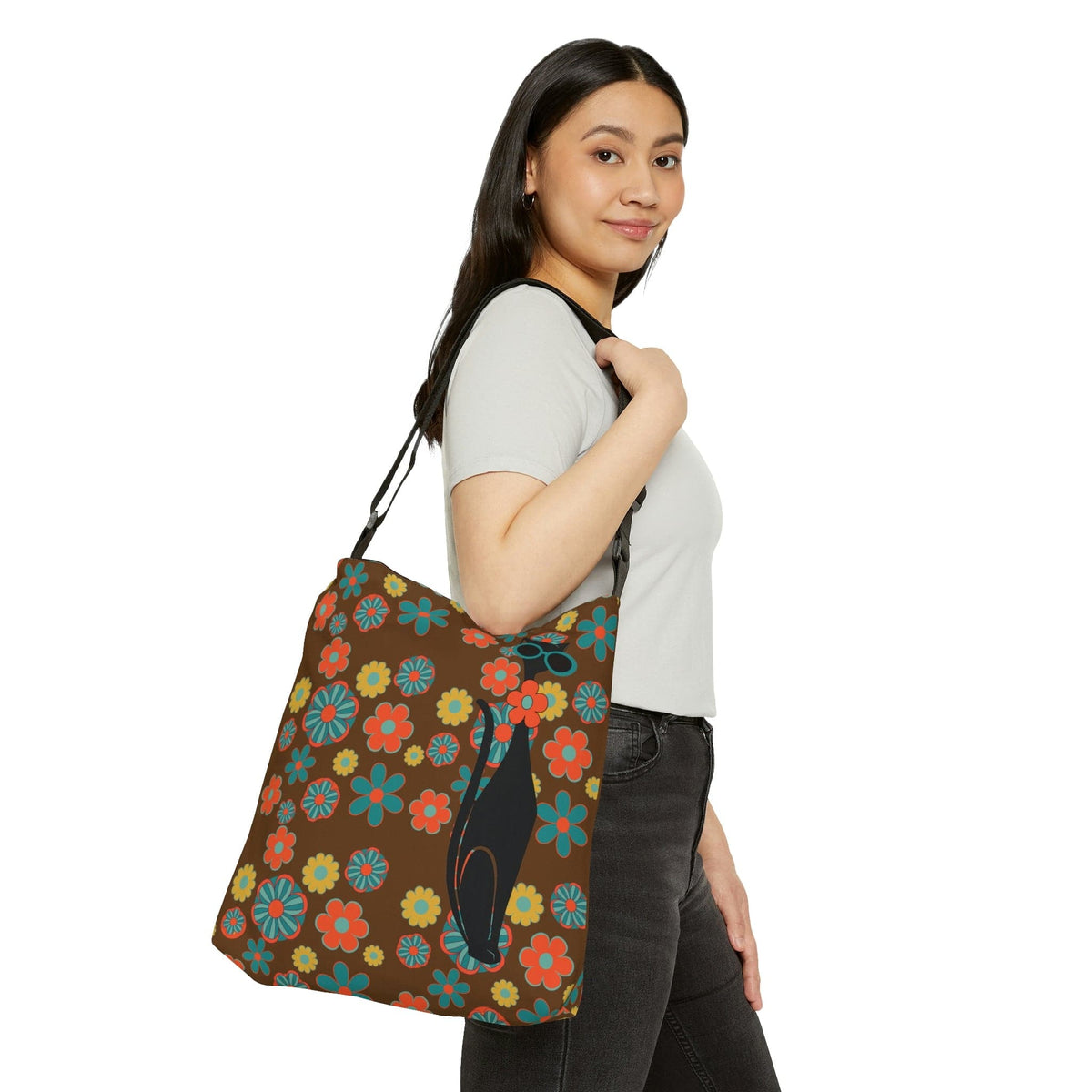 Atomic Cat, Flower Power, Hippie Style, Brown, Orange, Teal Adjustable Tote Bag Bags 16" × 16''