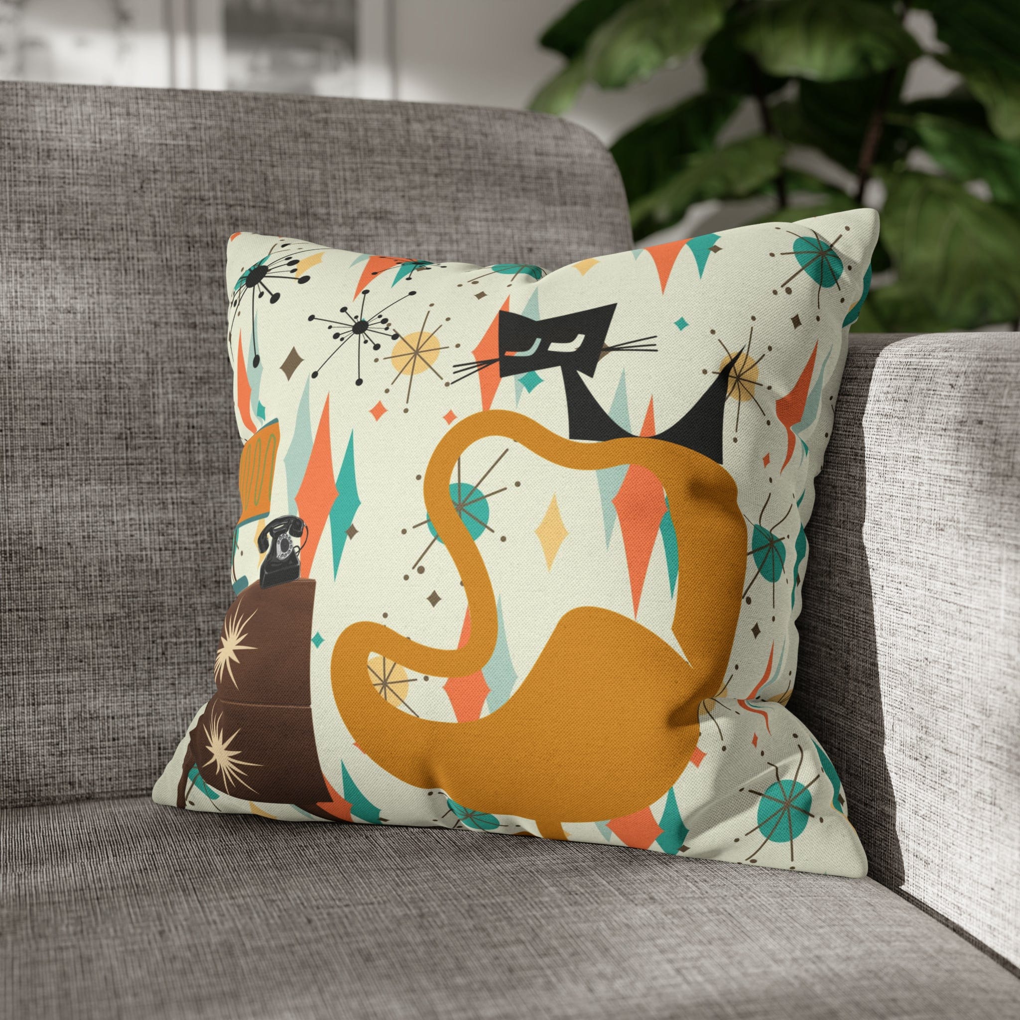 Atomic Cat Pillow, Mid Century Modern Franciscan Diamond, Starburst Patter, Retro Groovy PILLOW Cover Only Home Decor 16" × 16"