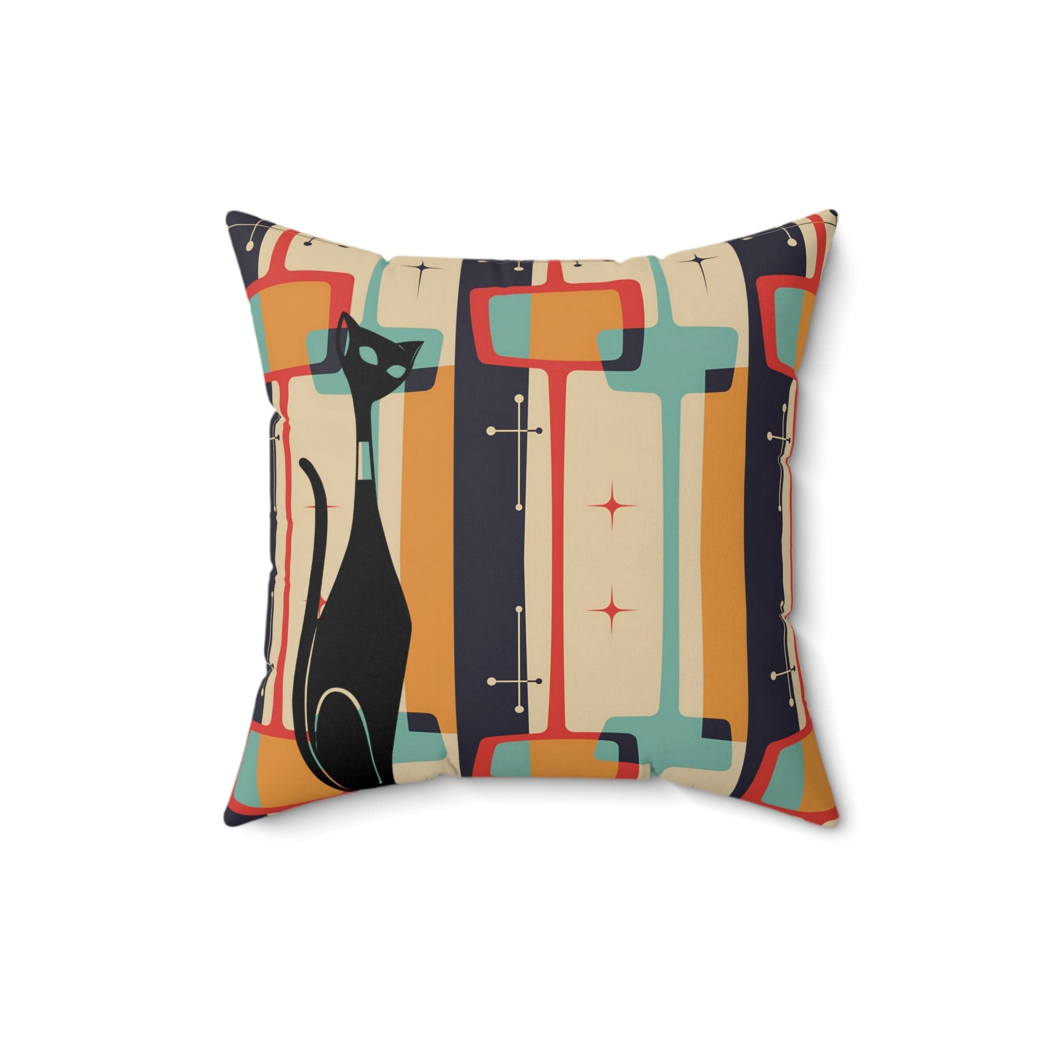 Atomic Cat Pillow, Mid Century Modern Geometric, Charcoal Gray, Burnt Orange, Yellow, Funky Retro Pillow Home Decor 16" × 16"