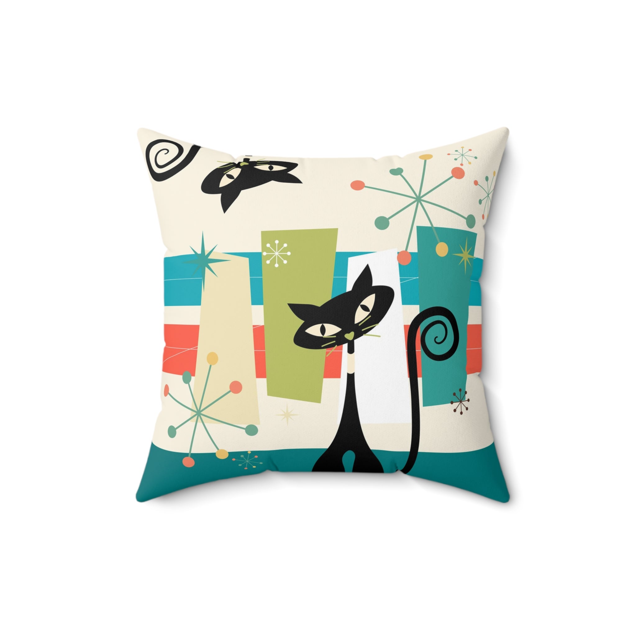 Atomic Kitties, Kitschy Mid Century Modern Funky Fun Pillow And Insert Home Decor 16" × 16"
