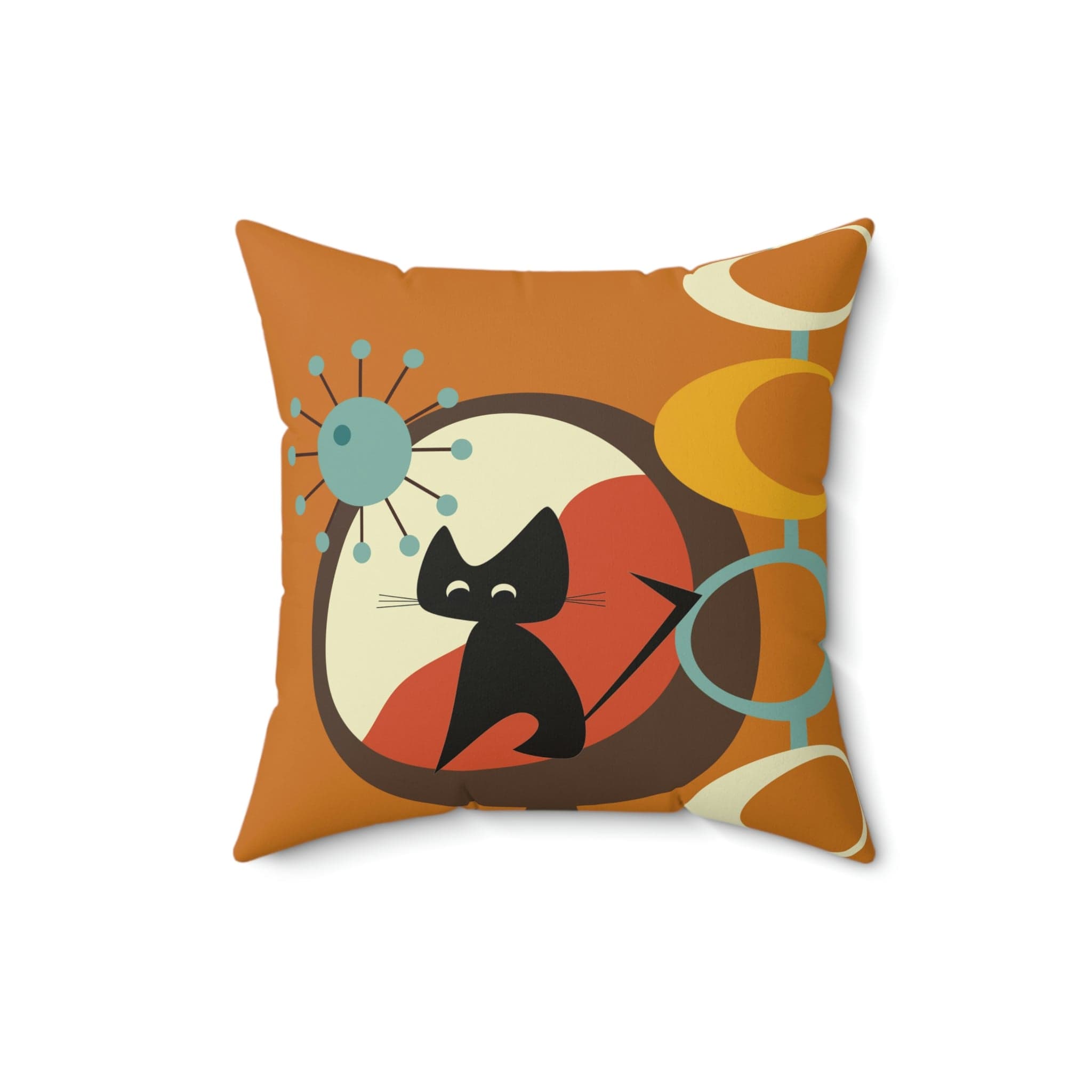 Atomic Space Cat, Mid Century Modern Carmel Brown, Retro Starburst Square Pillow Home Decor 16" × 16"