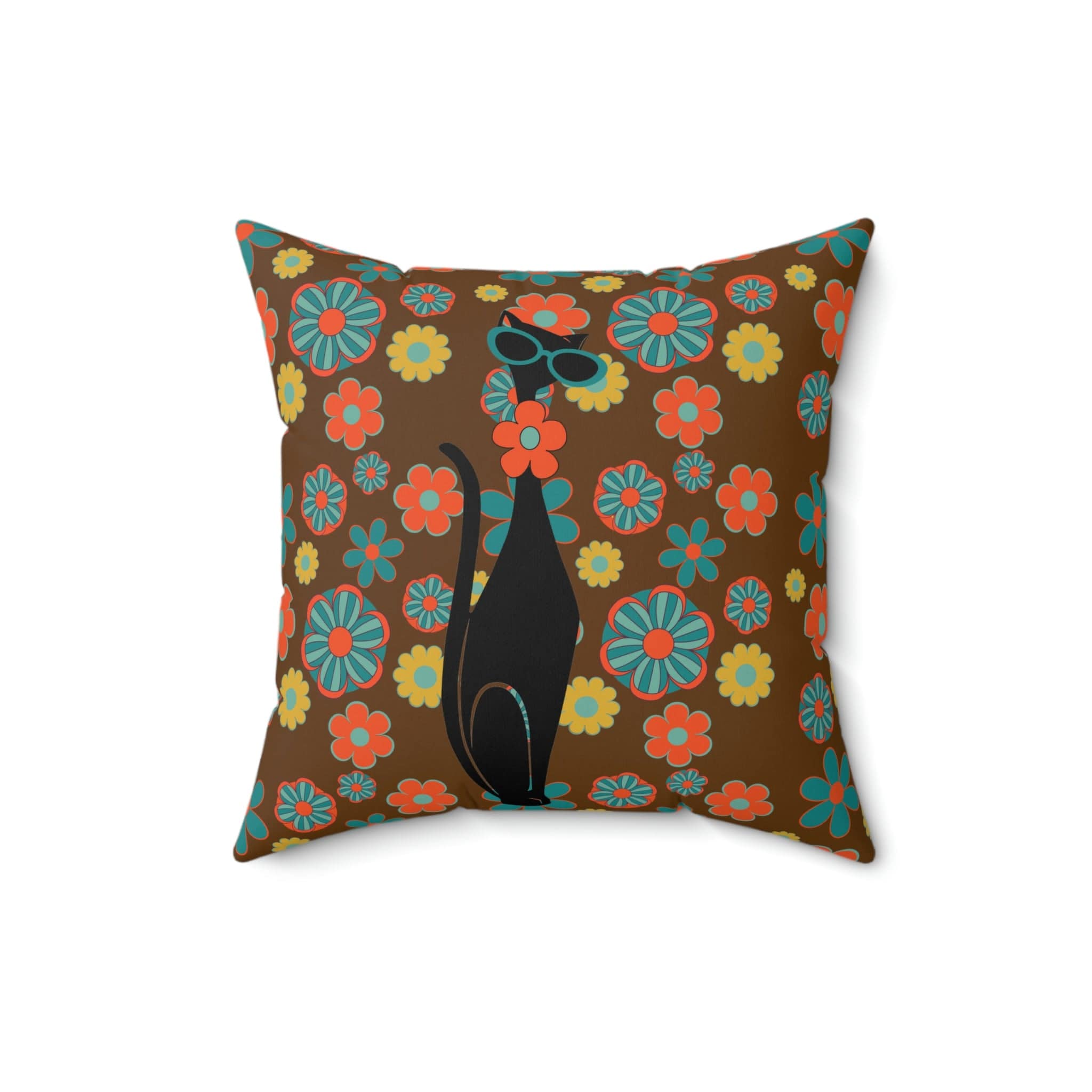 Flower Power, Groovy Atomic Hippie Cat, Brown, Orange, Teal Yellow Retro Square Pillow Home Decor 16" × 16"