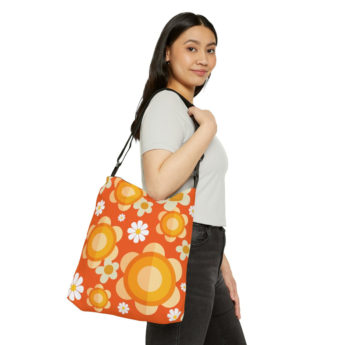 Flower Power Groovy Orange, Mod Daisy, Yellow Flowers Hip Retro Adjustable Tote Bag Bags 16&quot; × 16&