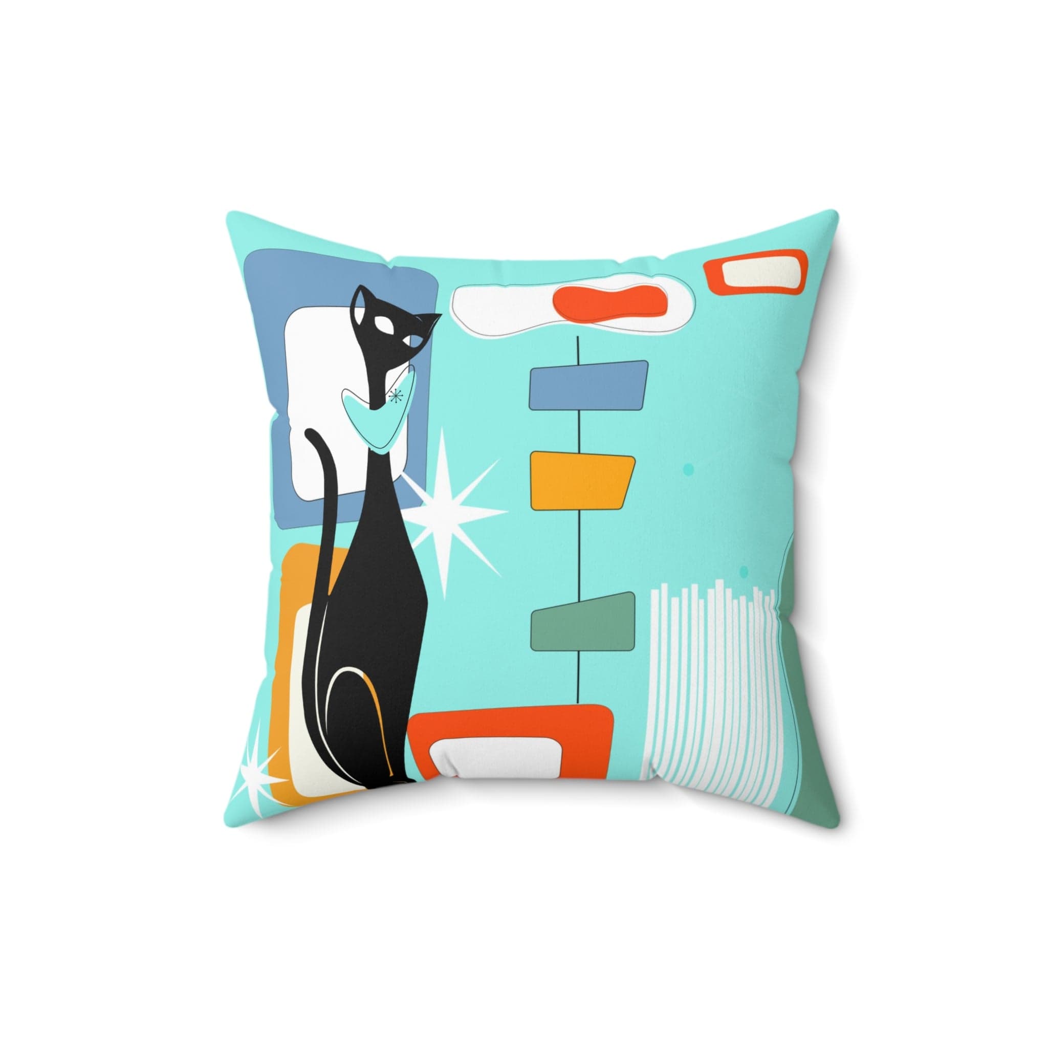 Mid Century Modern Aqua Blue, Geometric, Atomic Cat, Boomerang, Retro Pillow Home Decor 16" × 16"