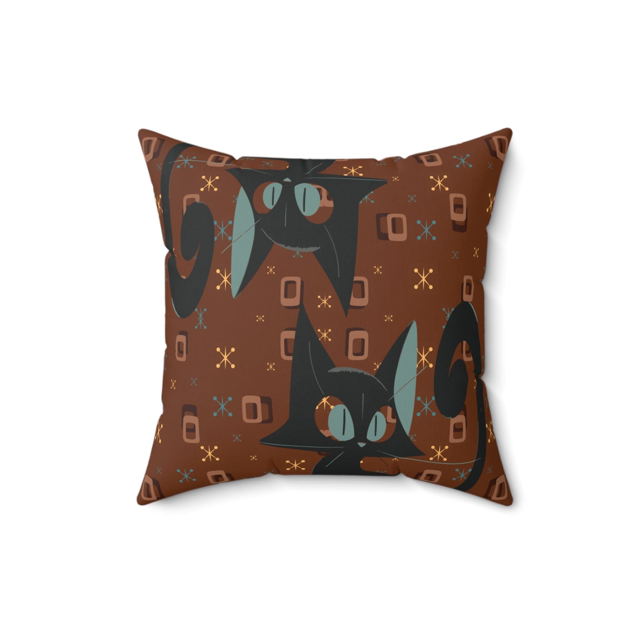Mid Century Modern Atomic Space Kitty Cat, Kitschy Retro Brown, Geometric, Starbursts, MCM Pillow And Insert Home Decor 16" × 16"