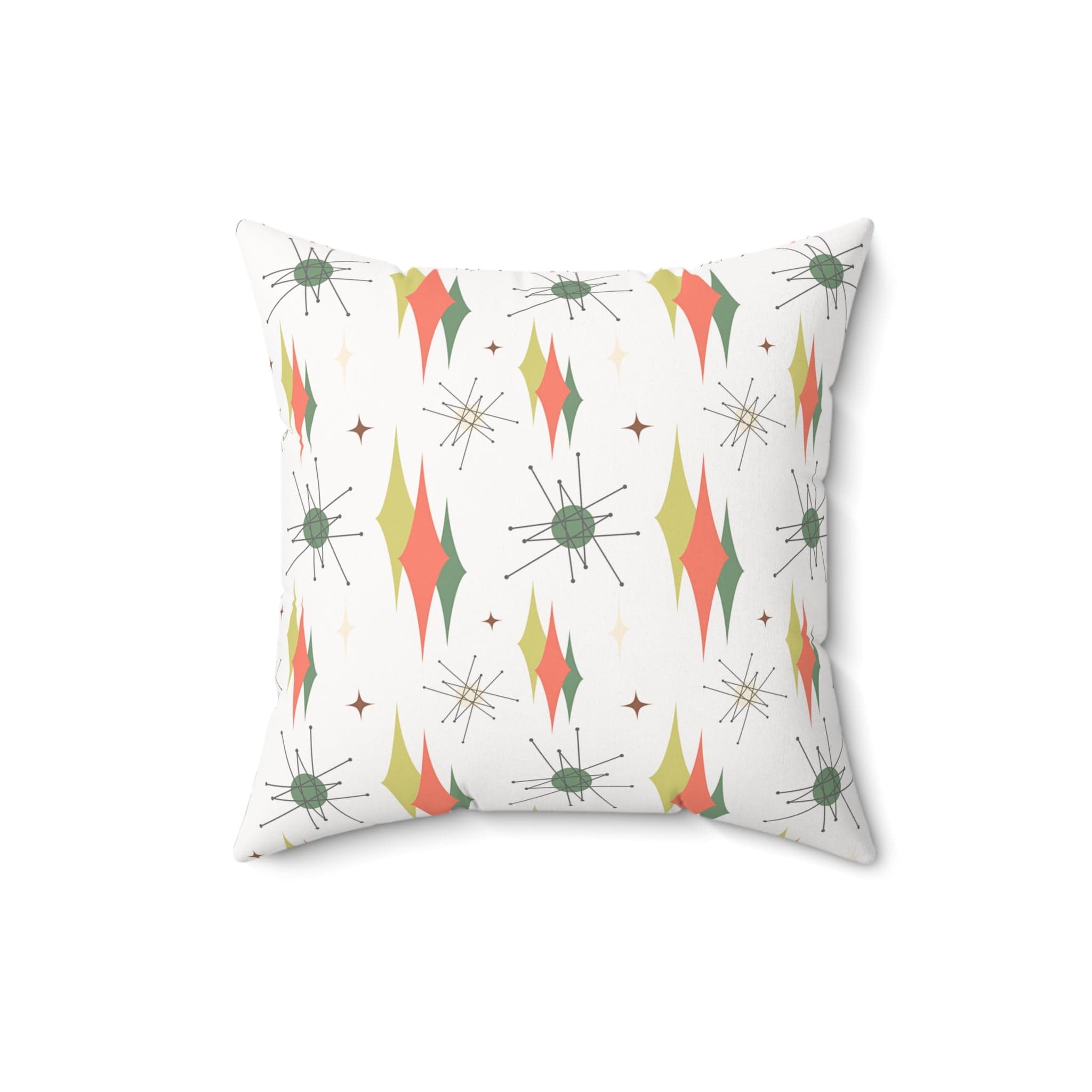 Mid Century Modern Atomic Starbursts, Franciscan Pattern, Orange, Green, Pillow And Insert Home Decor 16" × 16"