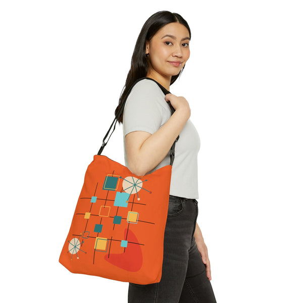 Mid Century Modern, Boomerang, Geometric Starbursts, Retro Orange, Adjustable Tote Bag With Zipper