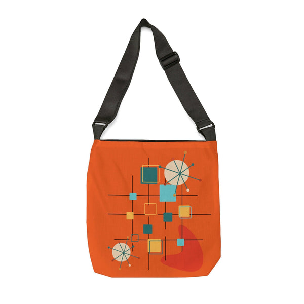 Mid Century Modern, Boomerang, Geometric Starbursts, Retro Orange, Adjustable Tote Bag With Zipper
