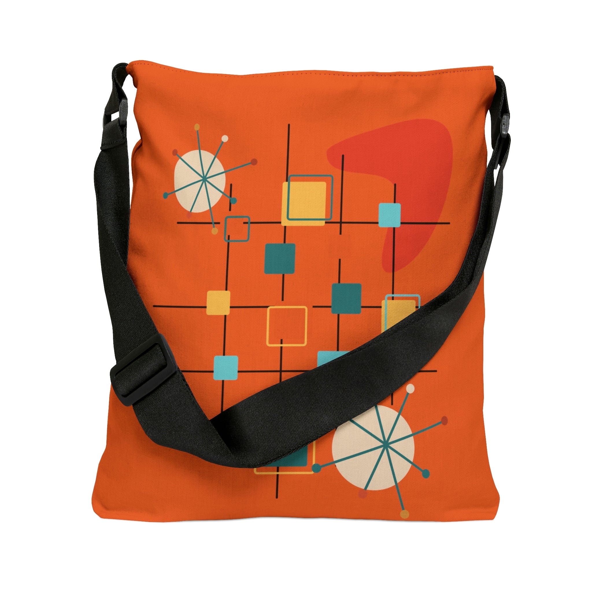 Mid Century Modern, Boomerang, Geometric Starbursts, Retro Orange, Adjustable Tote Bag With Zipper Bags 16" × 16&