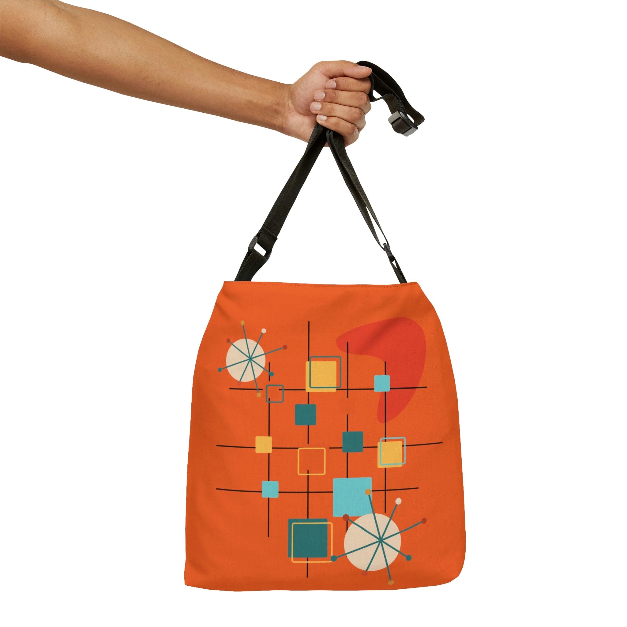 Mid Century Modern, Boomerang, Geometric Starbursts, Retro Orange, Adjustable Tote Bag With Zipper Bags 16" × 16&