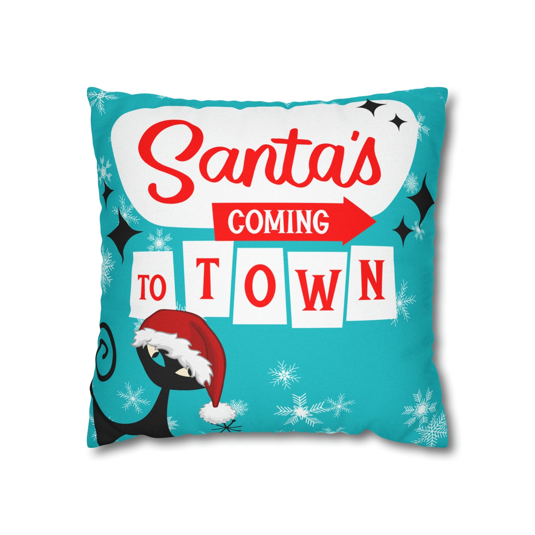 Mid Century Modern Chrismas Pillow Cover, Atomic Kitschy Cat, Snowflakes Pillow Cover, Aqua Blue Holiday MCM Pillow Case Cusion Covers Home Decor 16" × 16"