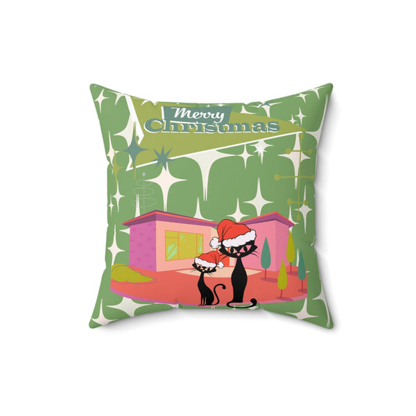 Mid Century Modern Christmas Atomic Cat, Kitschy 50's Christmas Home Decor Green Starburst Spun Polyester Square Pillow