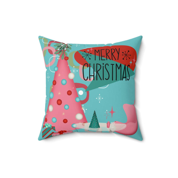 Mid Century Modern Christmas Pillow, Aqua Pink, Whimsical Holiday Kitsch Polyester Square Pillow