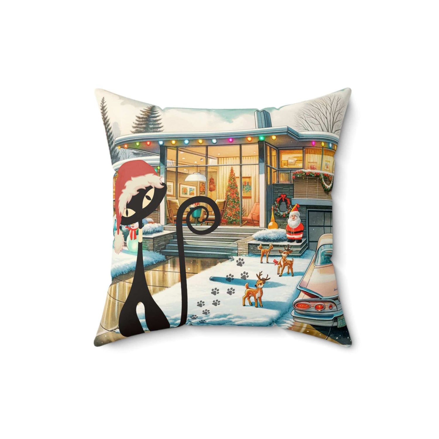 Mid Century Modern Christmas Pillow Gift, Wishing You A Blast Of Joy This Holiday Season, Atomic Cat, Kitschy Style Pillow And Insert Home Decor 16" × 16"