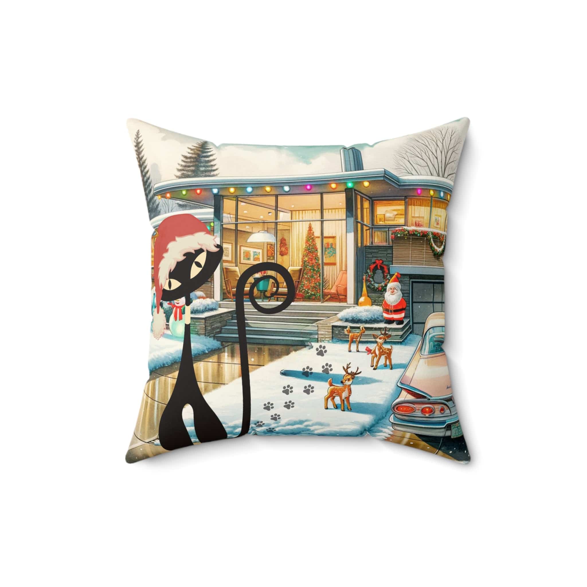 Mid Century Modern Christmas Pillow Gift, Wishing You A Blast Of Joy This Holiday Season, Atomic Cat, Kitschy Style Pillow And Insert Home Decor 16" × 16"