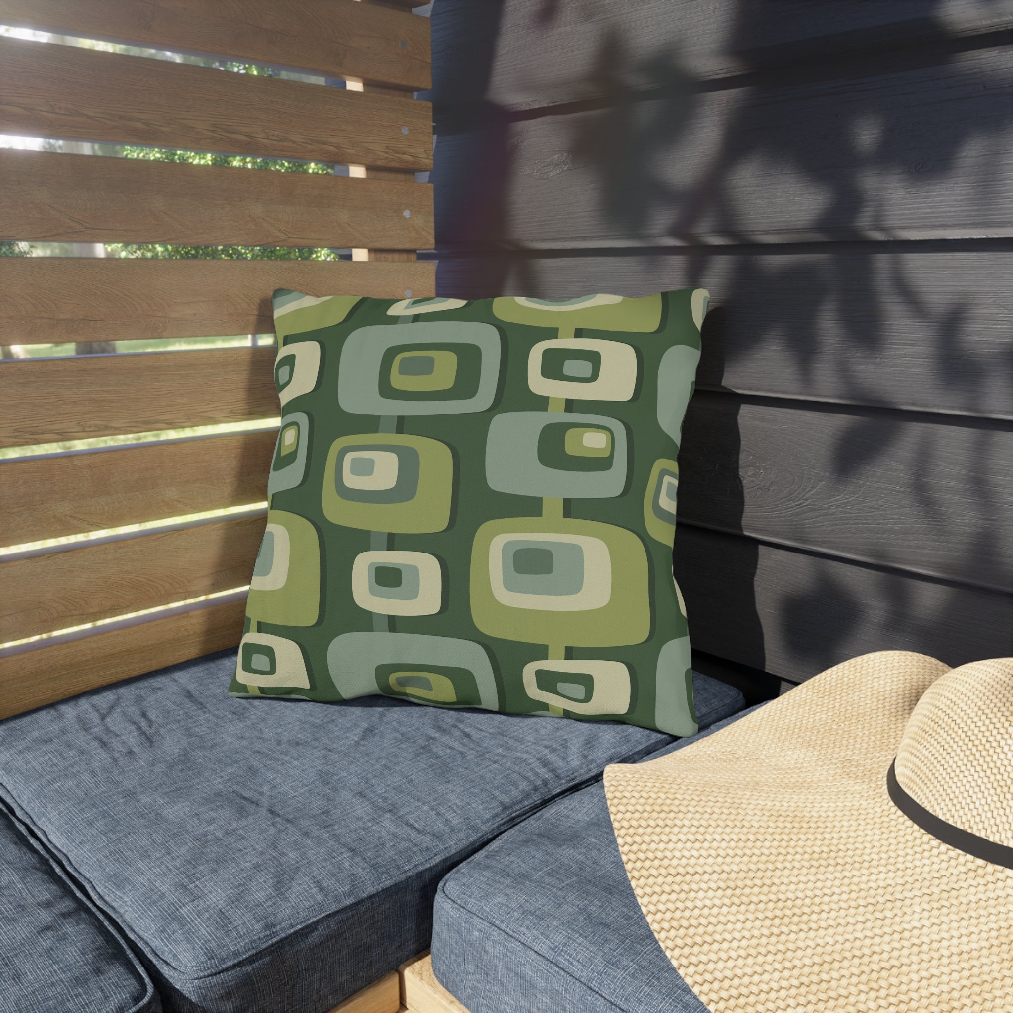 Mid Century Modern Geometric Green, Beige, Googie Designed Outdoor Pillows Home Decor 16" × 16"