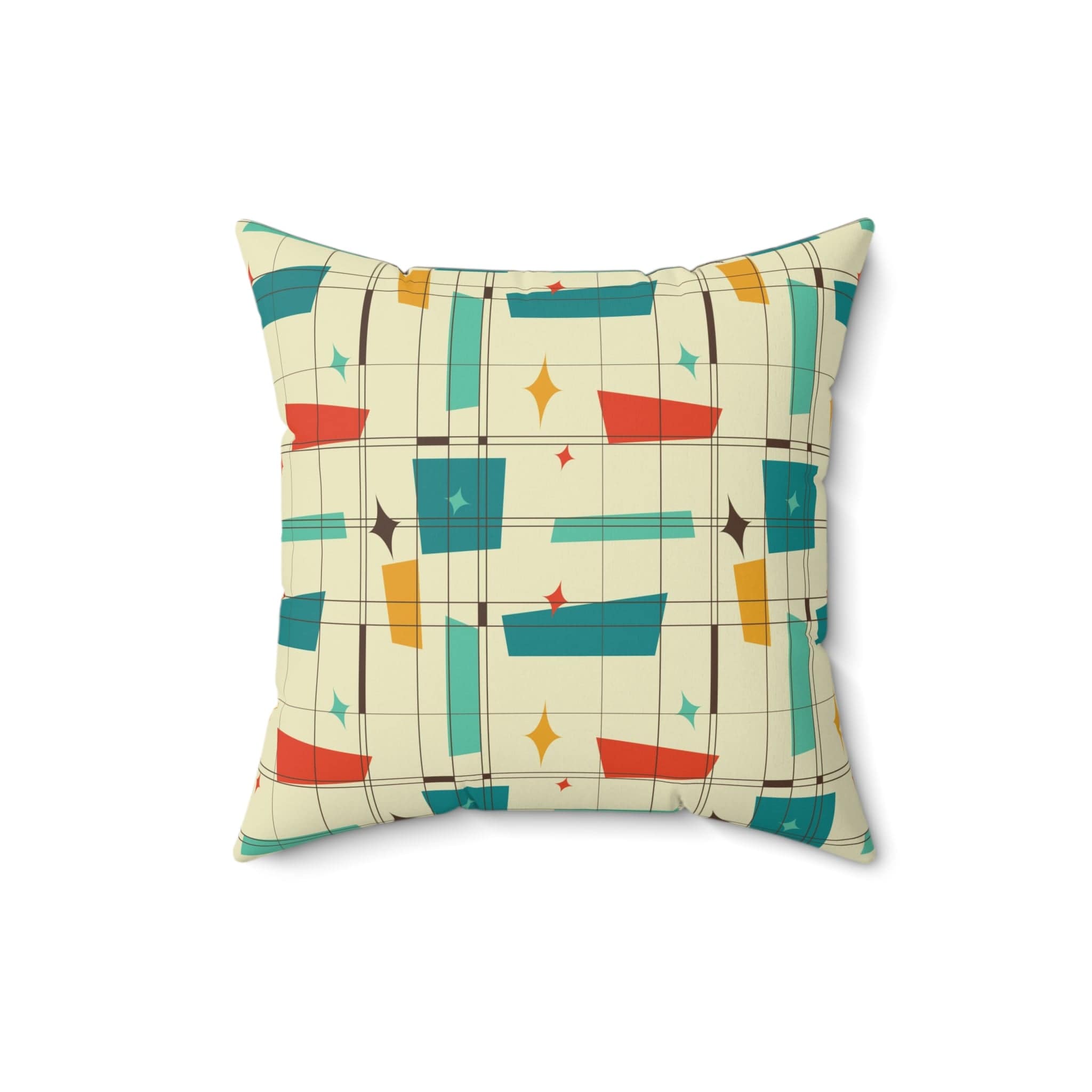 Mid Century Modern Geometric Squares, Mustard Yellow, Burnt Orange, Teal, MCM Pillow And Insert Home Decor 16" × 16"