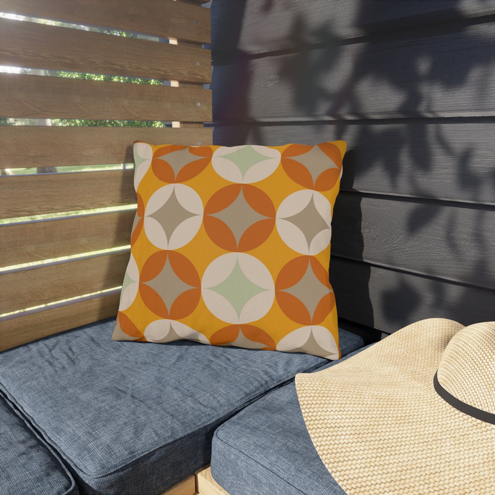 Mid Century Modern Outdoor Pillows, Mustard Yellow, Cream, Light Gray Starburst Pillow Home Decor 16" × 16"