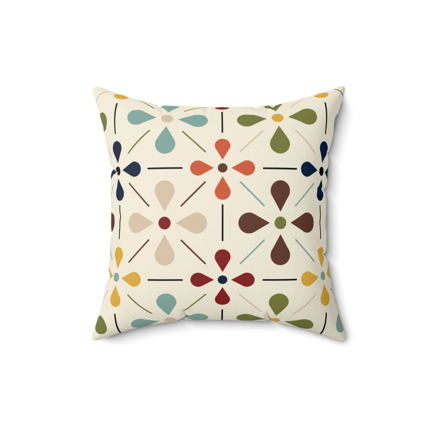 Mid Century Modern, Scandinavian Flower, Modern Danish, Beige, Yellow, Green, Orange, Brown, Aqua, MCM Bedroom Pillow And Insert Home Decor 16" × 16"