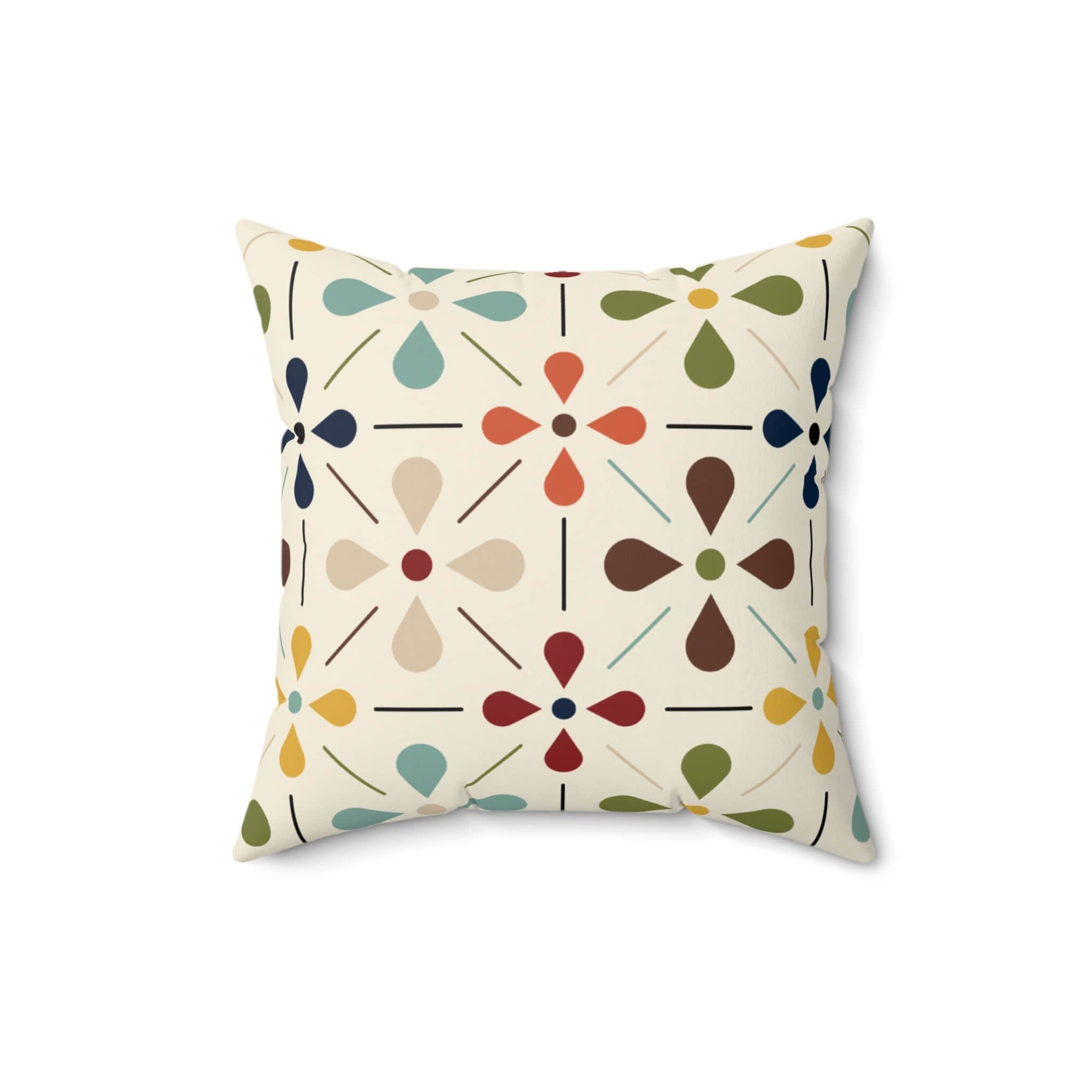 Mid Century Modern, Scandinavian Flower, Modern Danish, Beige, Yellow, Green, Orange, Brown, Aqua, MCM Bedroom Pillow And Insert Home Decor 16" × 16"