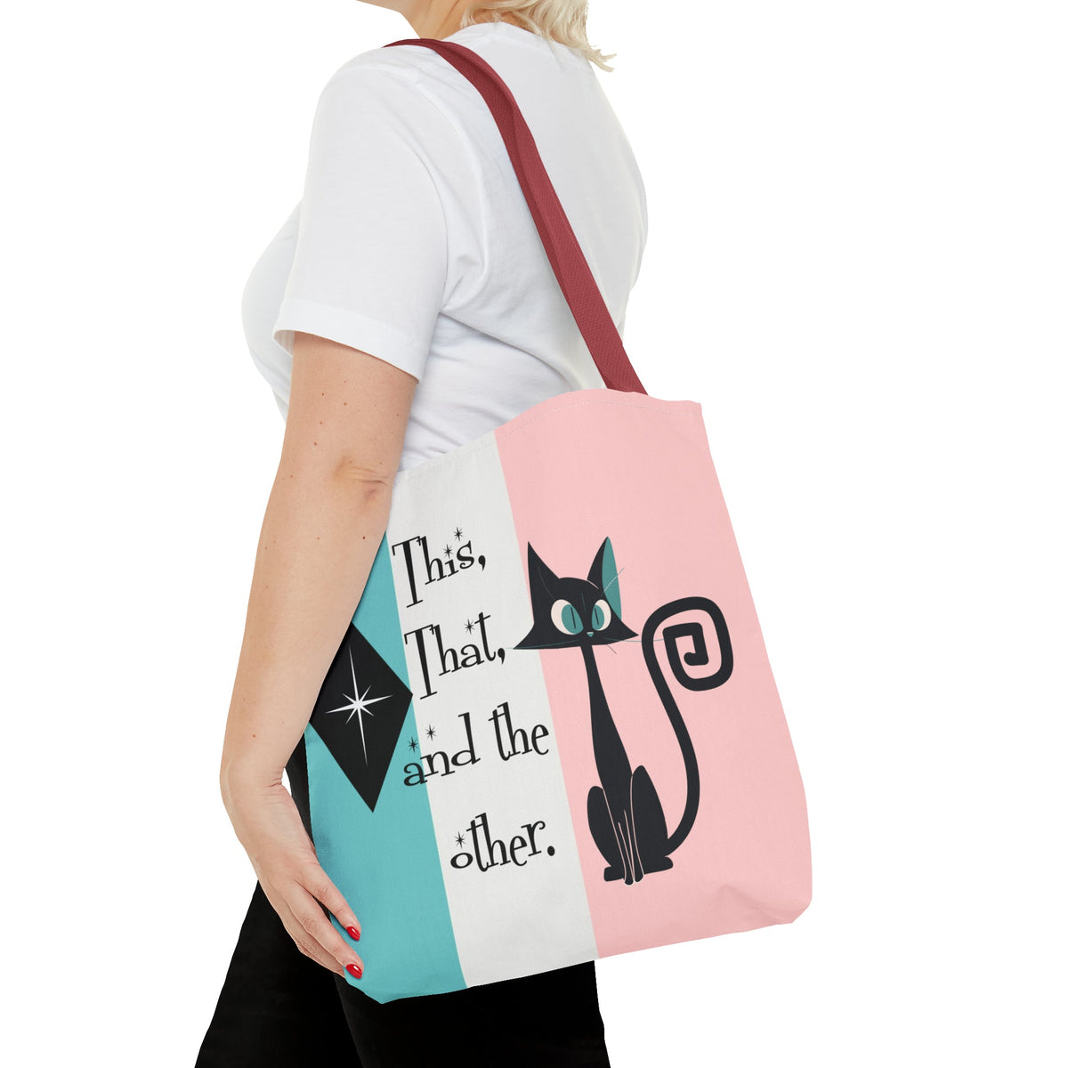 Atomic Kitty Cat, Shopping Tote Bag, Teacher, Cat Mom, Random Stuff Cute Kitschy Tote Bags 16" × 16'' / Red