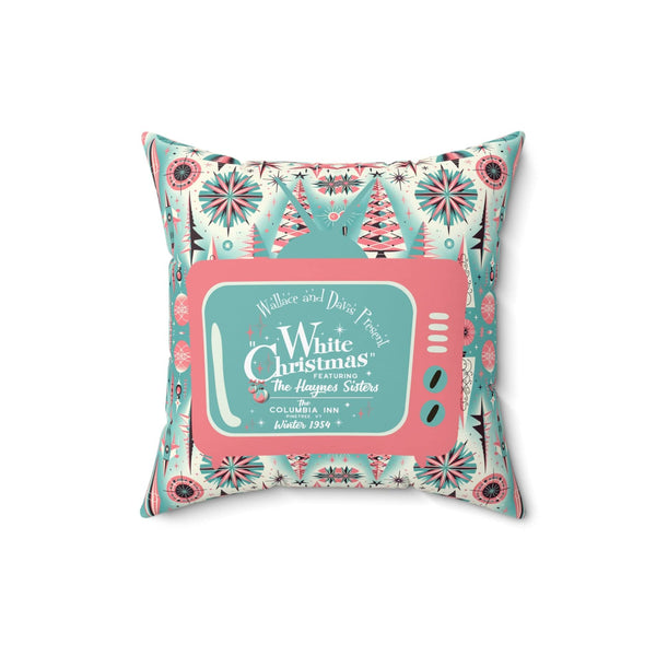 Wallace And Davis, 1950's Mid Century Modern Christmas Pillow, Aqua Blue, Pink Atomic TV Kitschy Christmas Pillow And Insert