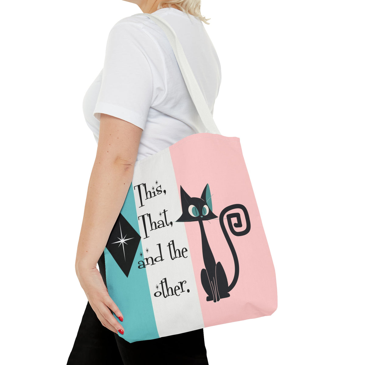 Atomic Kitty Cat, Shopping Tote Bag, Teacher, Cat Mom, Random Stuff Cute Kitschy Tote Bags 16" × 16'' / White